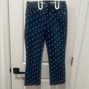 Anthropologie Pilcro High Rise Boot Cut Jeans with White Embroidered Flowers